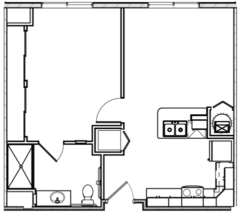 A black and white drawing of a floor plan with various rooms and objects.